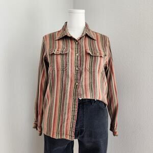 Vintage 90s Dressbarn Muted Brown Green Red Striped Long Sleeve Button Down Top